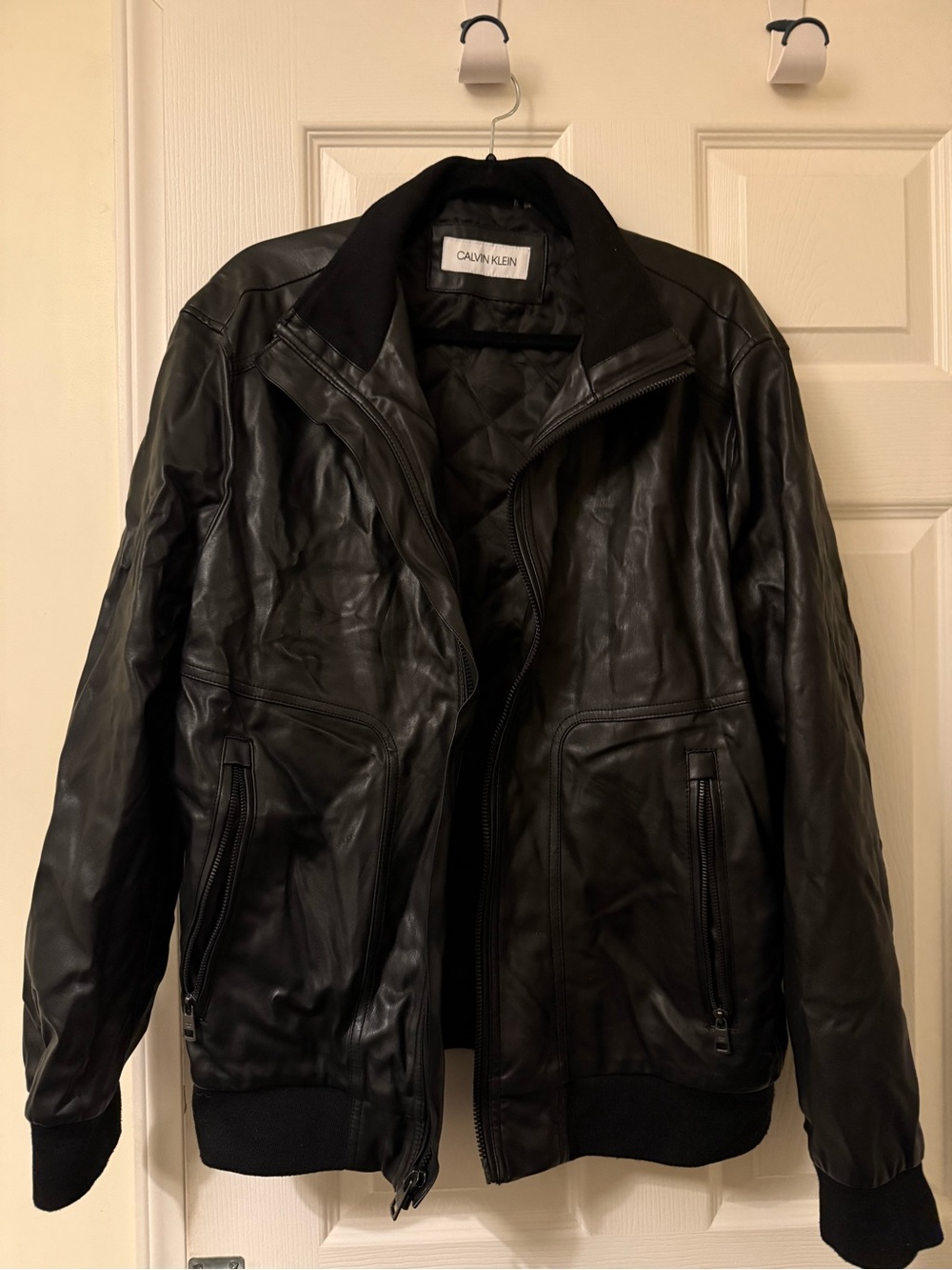Calvin Klein Men's Black Leather Bomber Jacket with Zip Pockets